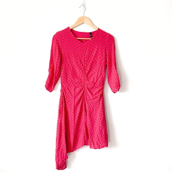Zara Hot Pink Ruched Polka Dot Dress Fuchsia Black NWOT Small - Picture 1 of 12